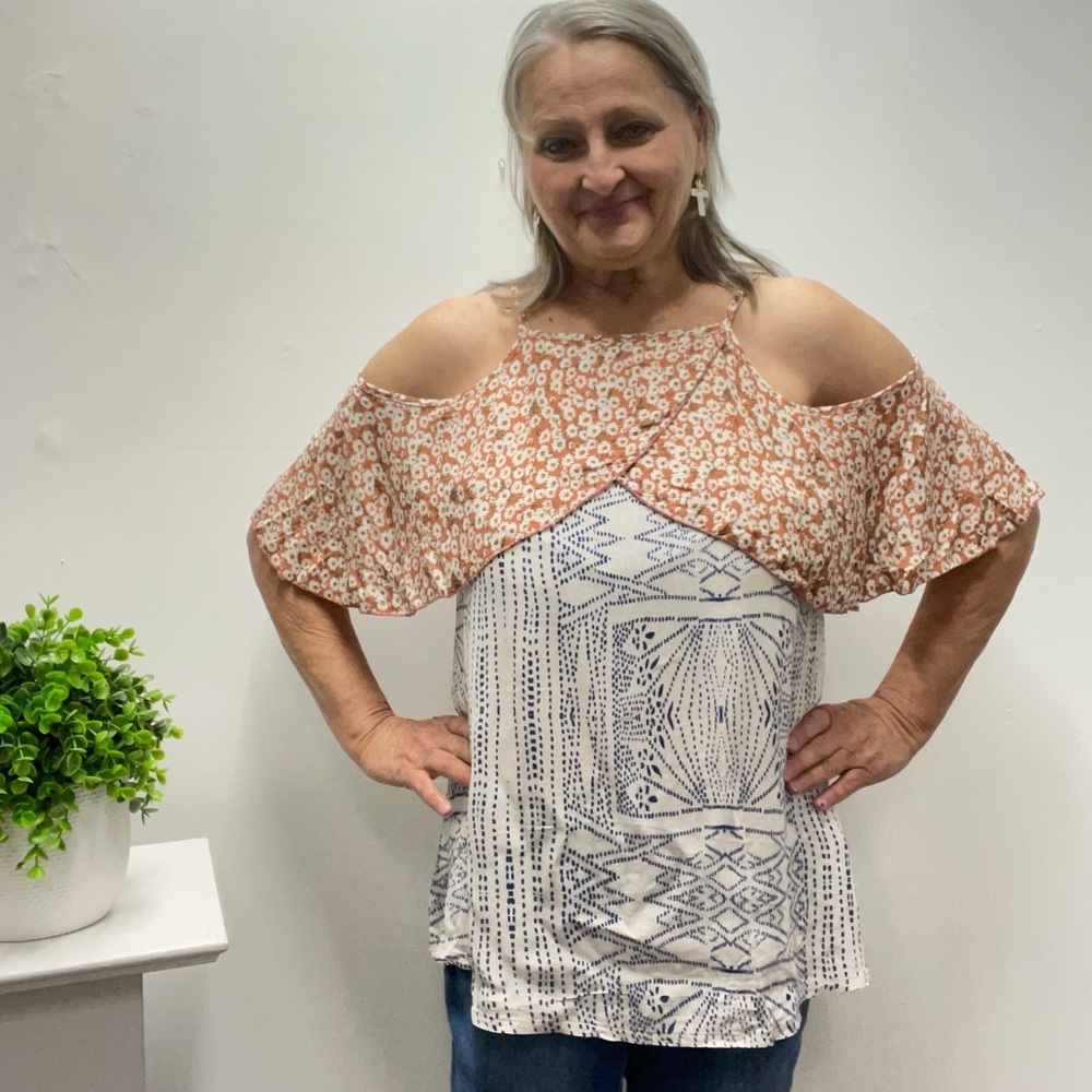 Floral and Geometric Cold Shoulder Top -Grace and Emma
